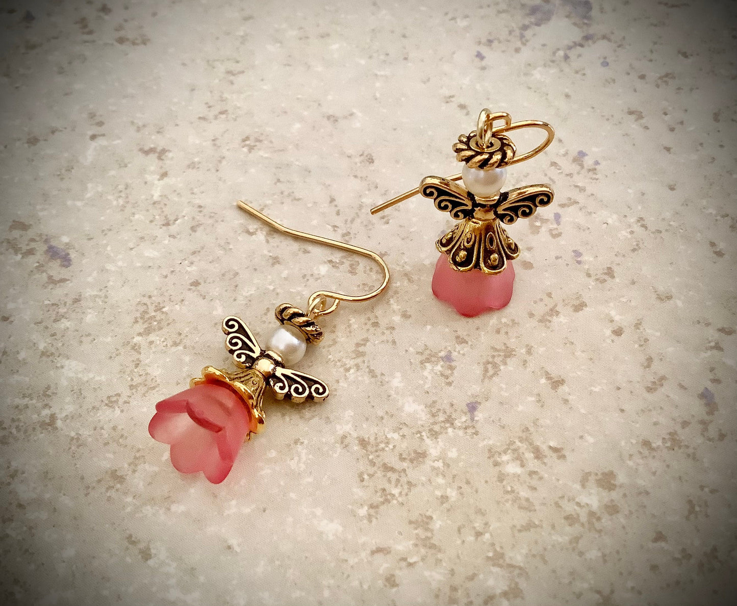 Flower girl earrings, flower fairy angel earrings, pink angel earrings, antique gold, gold plated steel hooks, angel earrings, women & girls