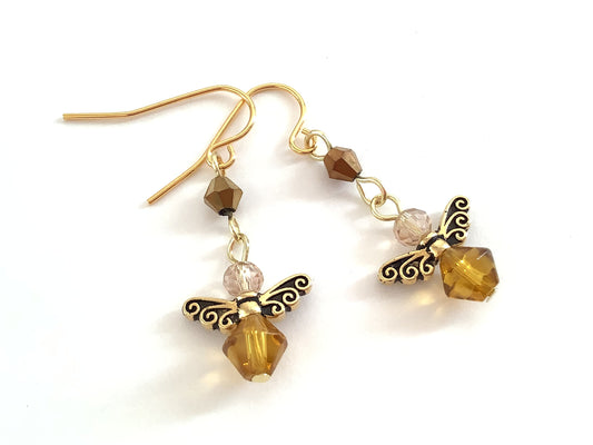 Angel Earrings, November Earrings, Topaz Colored Crystals, Birthstone Dangle Earrings, Honey Bee Earrings, Gold Bee Angel Earrings, Autumn