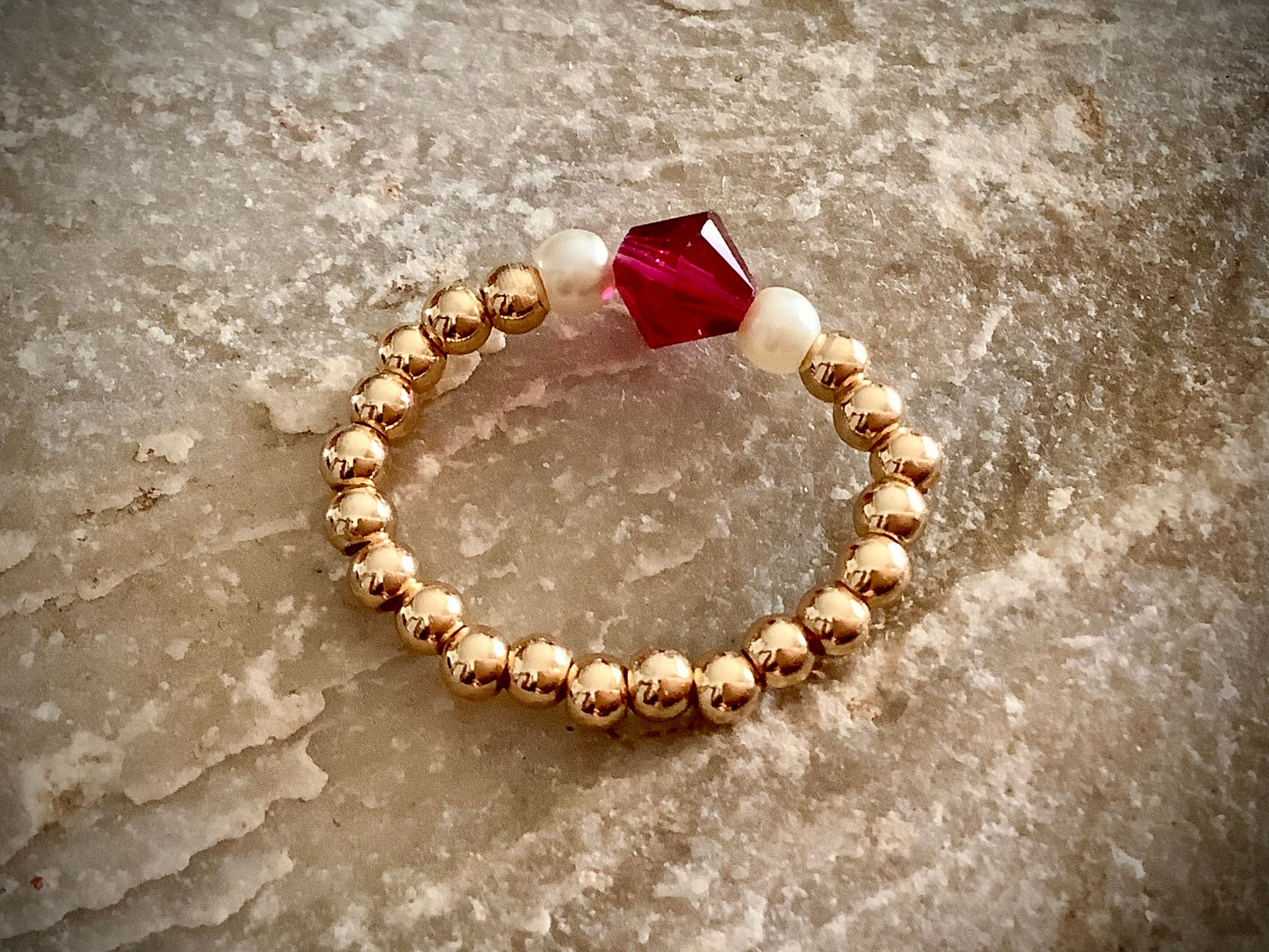 Stretch ring, gold filled beaded ring, Ruby, Emerald or Sapphire with tiny glass seed pearls, stackable ring, gift for her, dainty