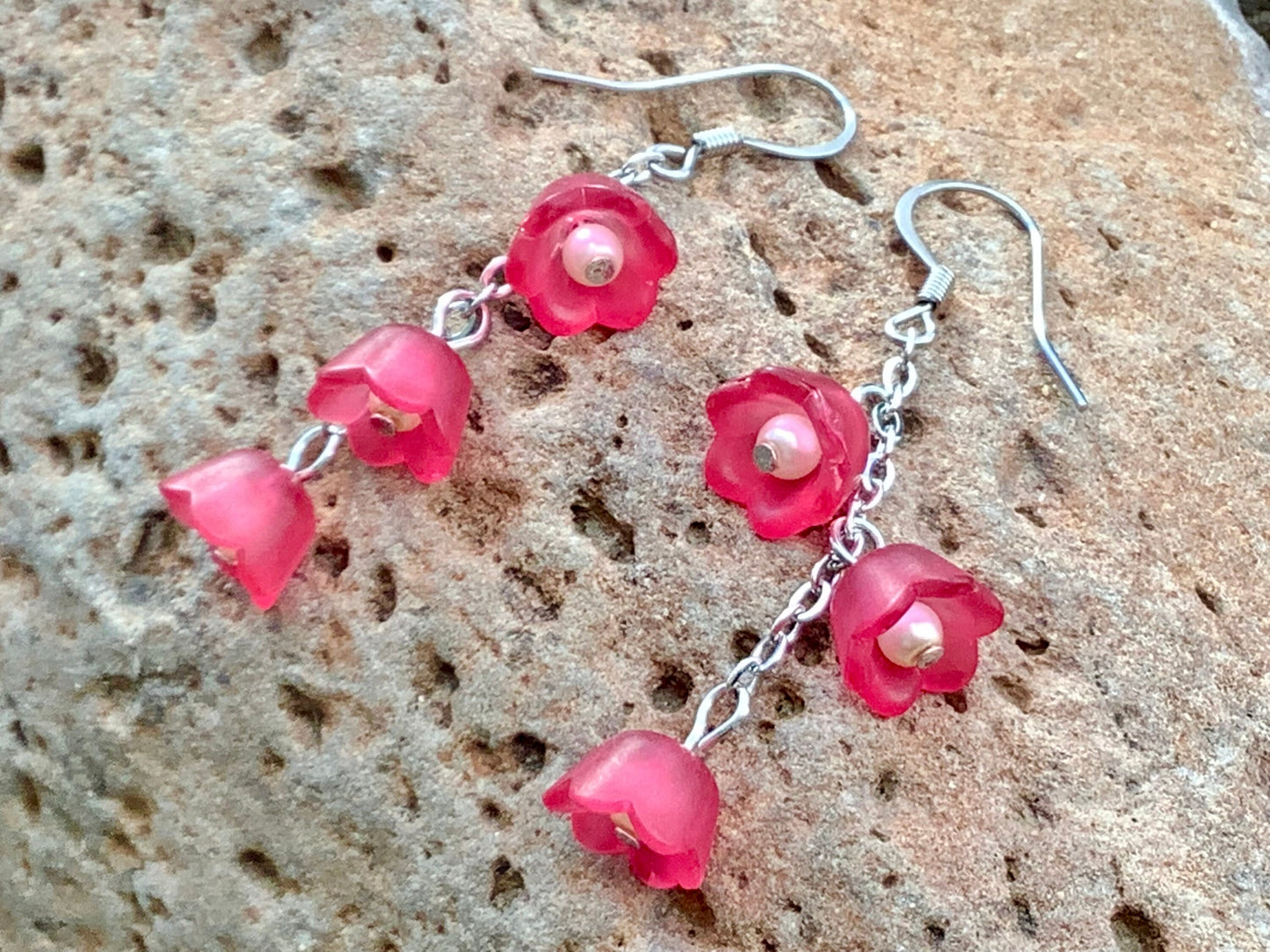 Lucite Flower Earrings, Deep Rich Rosey Pink Lily of the Valley Flower Earrings, Boho Dangle Vintage Style Earrings, Mothers Day Gift