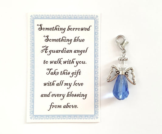 Sister’s Wedding Day Gift, Angel for the Bride, Blue Bouquet Charm, Something Blue Wedding Bouquet Angel w/Card, From Sister, From Brother