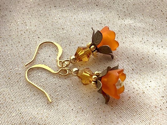 Fall earrings, Orange Flower earrings, lucite earrings, Fairycore, antique style flower earrings, Victorian earrings, Autumn accessories