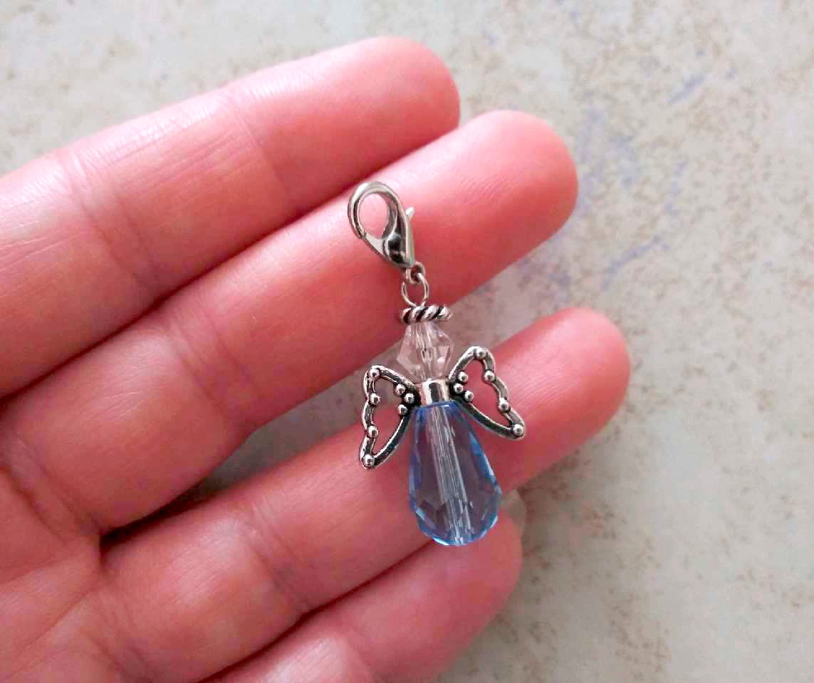 Blue Angel for the Bride Charm for Bouquet, Something Blue - Glass Wedding Bouquet Crystal Angel, Guardian Angel Bridal Shower, Bride Gift