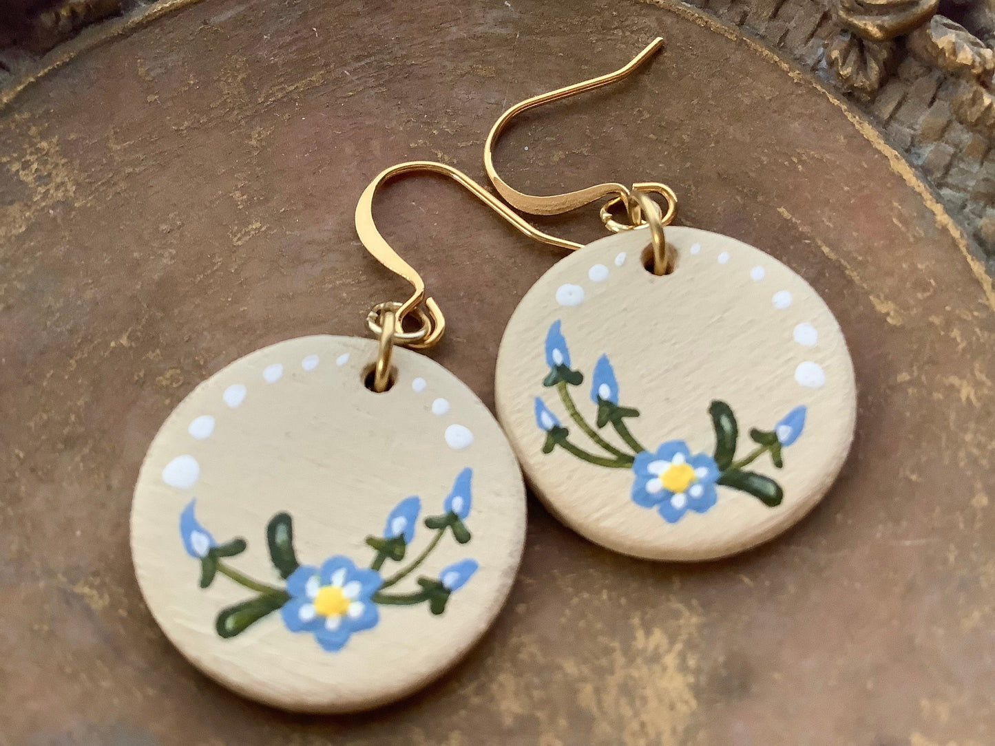 Hand Painted Floral Flower Wildflower Earrings, Mother’s Day, birthday gift, boho, cream, blue, white,Statement earrings for Valentine's Day