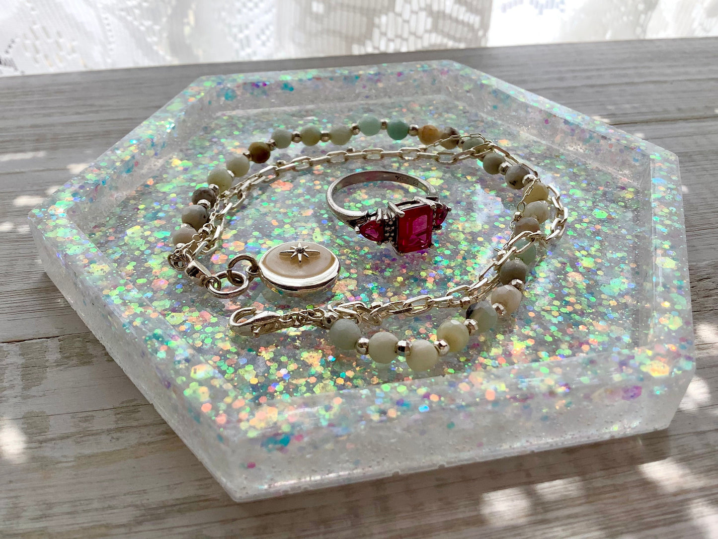 Glittered resin ring dish, decorative geometric dish, hexagon shaped dish, Aurora Borealis glitter