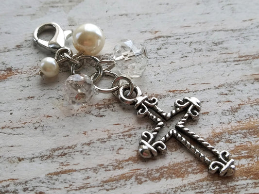 Cross with Pearls and Crystals Planner Charm, Bible Case Charm, Zipper Charm, Planner Accessories, Christian Planner Charms, Bouquet Charm