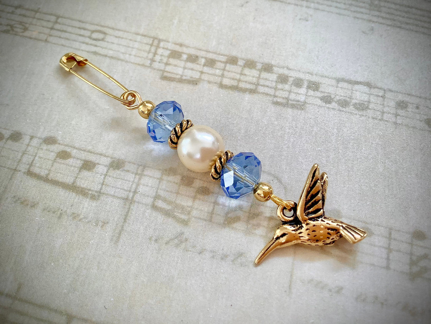 Something Blue Hummingbird Charm Pin for Bridal Bouquet, Pearl and Crystal Beads