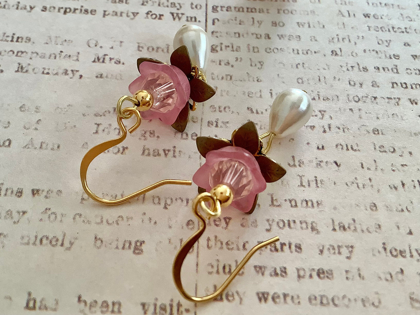 Flowered Earrings / Dangle Rose Earrings/Vintage Earrings/Renaissance Earrings/Lotus flower earrings/gift for her/pearls