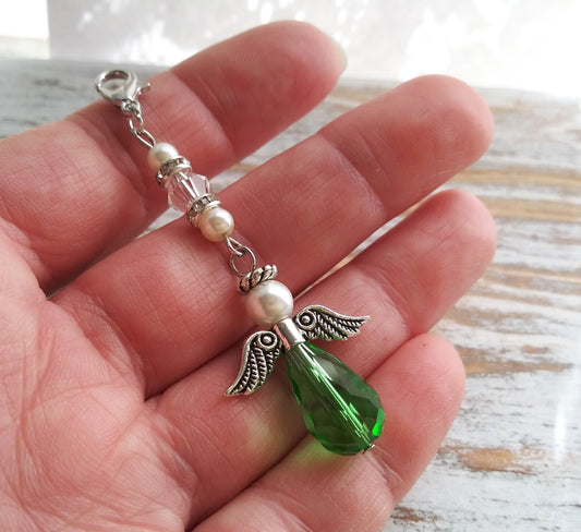 Lucky Angel Charm, Memory Charm, Bible Case, Purse, Car Charm, Planner Charm Luck Angel Charm, Green Crystal, Green Angel, Long Charm Dangle