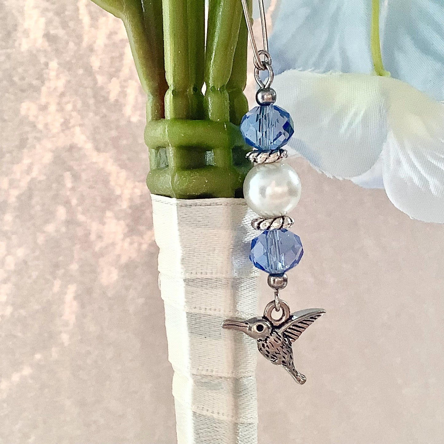 Hummingbird Bouquet Charm Pin, Blue, Violet, Lavender, Wedding, Something Blue Charm for Bride, Wedding Dress Charm, Garter Charm Bride Gift