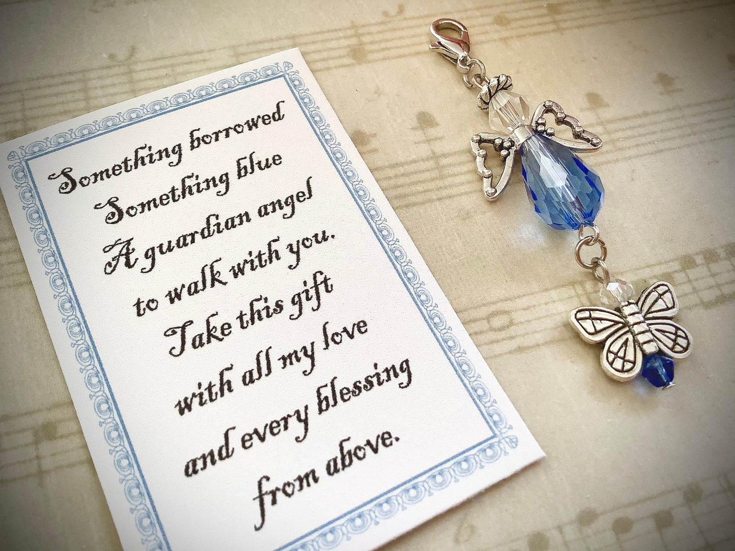 Something Borrowed Something Blue Glass Wedding Bouquet Angel Wedding Dress Angel, Butterfly Charm, Guardian Angel Bridal Shower Gift,