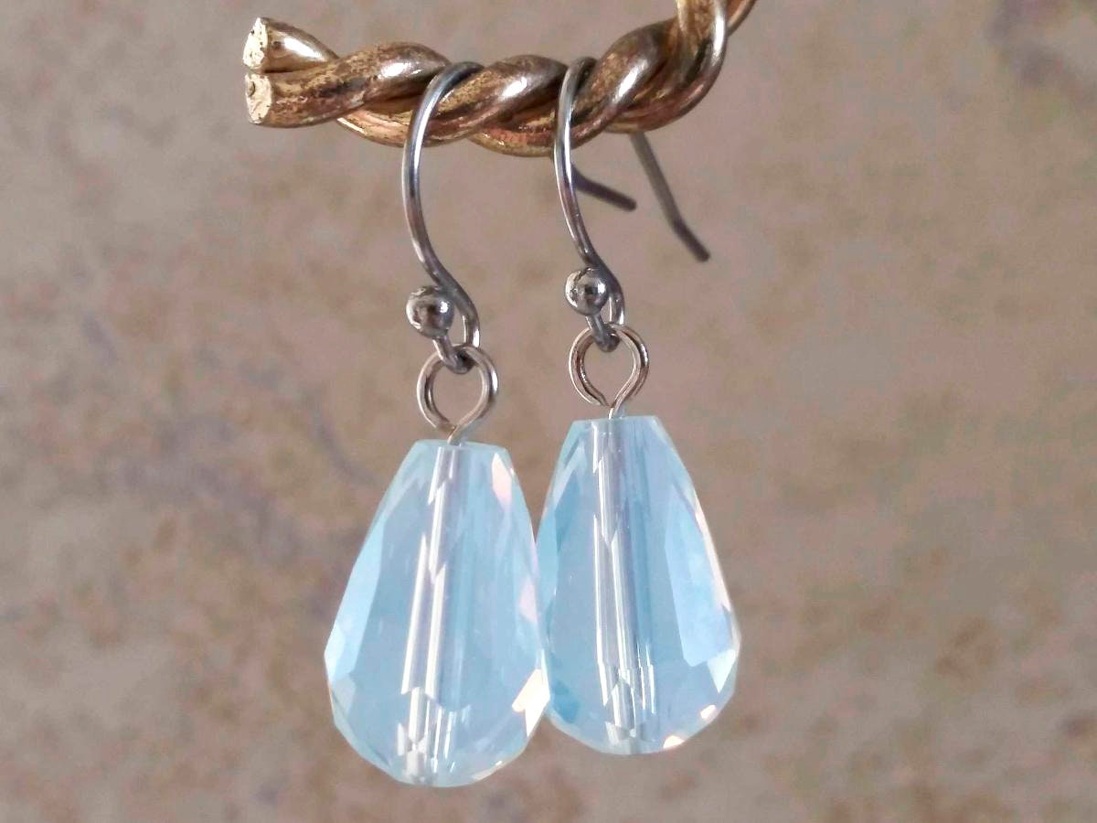 White Opal Czech Glass Crystal Teardrop Earrings with Stainless Steel Fish Hook Style Ear-wires, Everyday Earrings, Earrings for the Bride