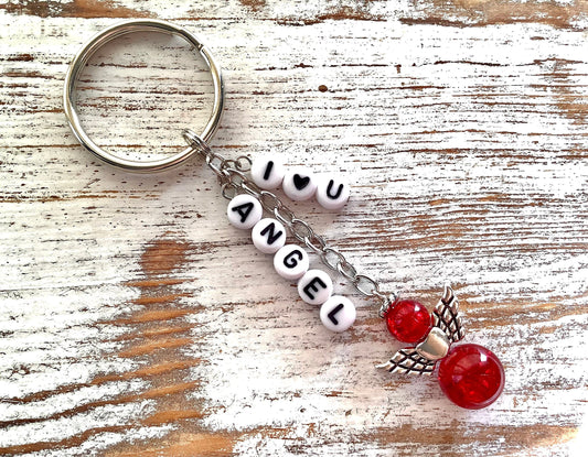 I Love You Angel, Keychain with Angel Charm, Red Crackle Glass, Valentine’s Day Gift For Her, Girlfriend Gift, Angel Keyring, Red Keychain