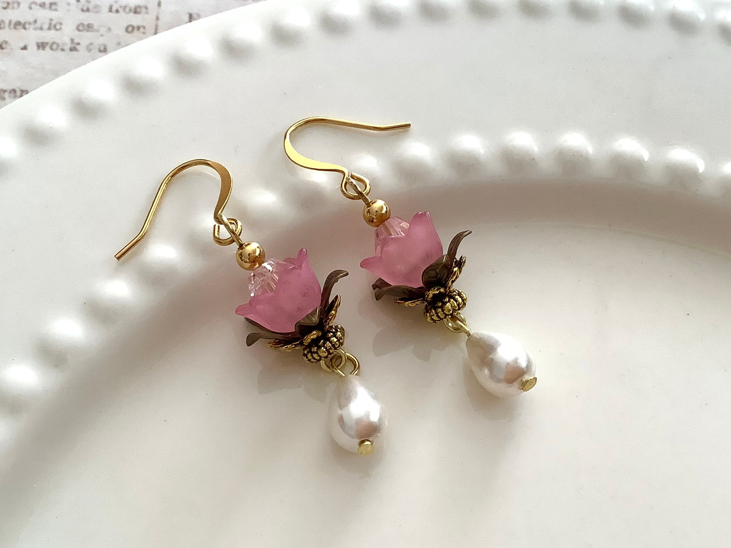 Flowered Earrings / Dangle Rose Earrings/Vintage Earrings/Renaissance Earrings/Lotus flower earrings/gift for her/pearls