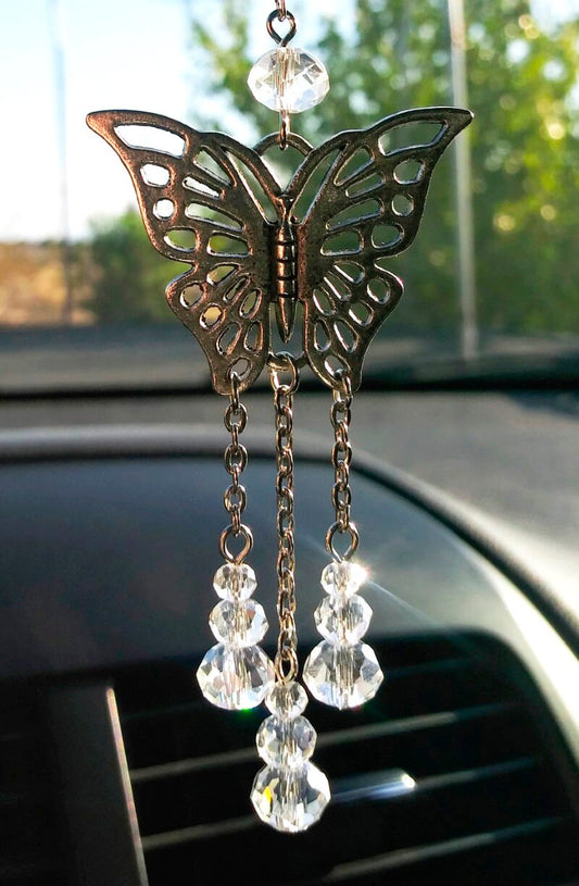 Butterfly Dream-catcher Style Dangling Crystal Sun-catcher Car Charm, Butterfly Rear View Mirror Car Charm Ornament with Saying Card New Car