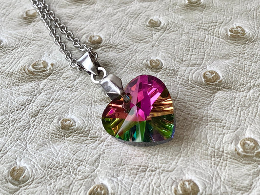 Crystal heart necklace, pendant necklace, rainbow crystal, vitrail crystal heart, stainless steel chain, hypoallergenic, rainbow crystal