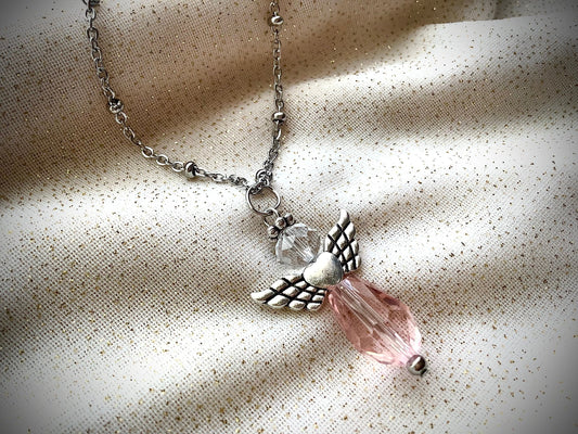 Guardian Angel pendant necklace, pink crystal necklace, pink Angel charm necklace, awareness necklace, memory necklace