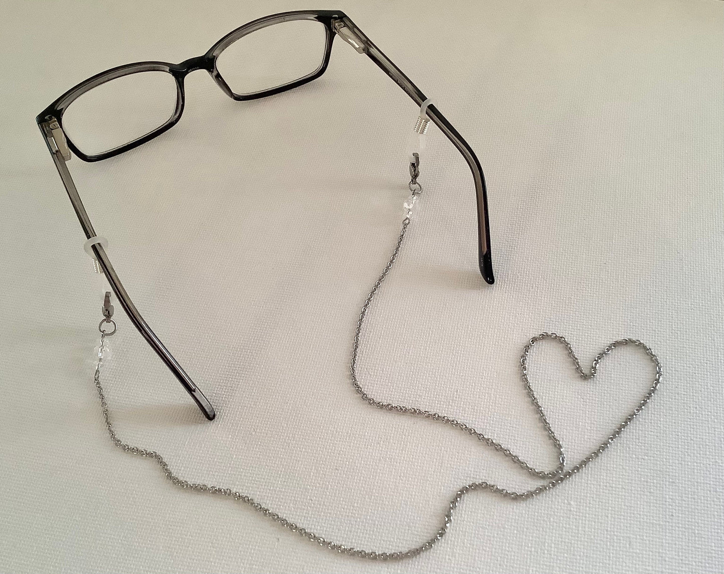 Stainless Steel Eyeglass Chains for Women Stylish - Clear Glass Crystals and Clear Connectors - Doubles as a Mask Chain - Chain for Glasses