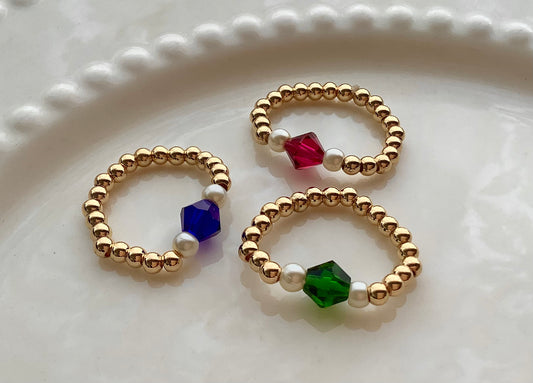 Stretch ring, gold filled beaded ring, Ruby, Emerald or Sapphire with tiny glass seed pearls, stackable ring, gift for her, dainty