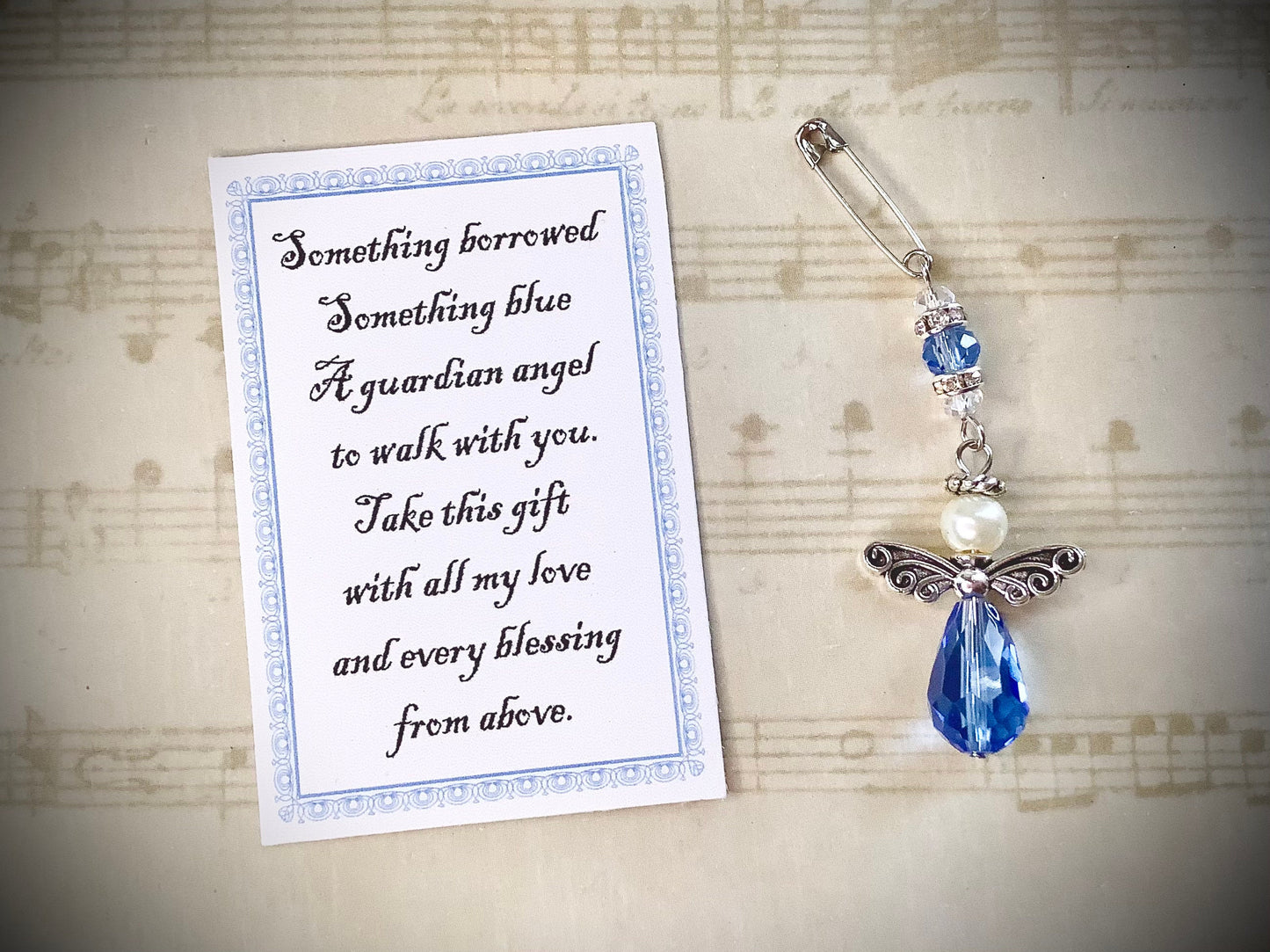 Blue Bouquet Angel, Something Blue Glass Wedding Bouquet Angel w/Card Wedding Dress Angel, Guardian Angel Bridal Shower, Angel for bride pin