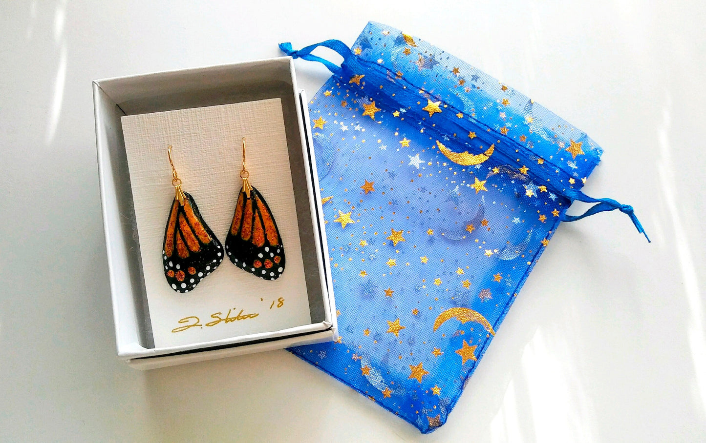 Monarch Earrings Butterfly Wing Earrings Hand Painted Polymer Earrings Butterfly Wing Jewelry Gold Plated Steel Wires Gift Boxed with Card