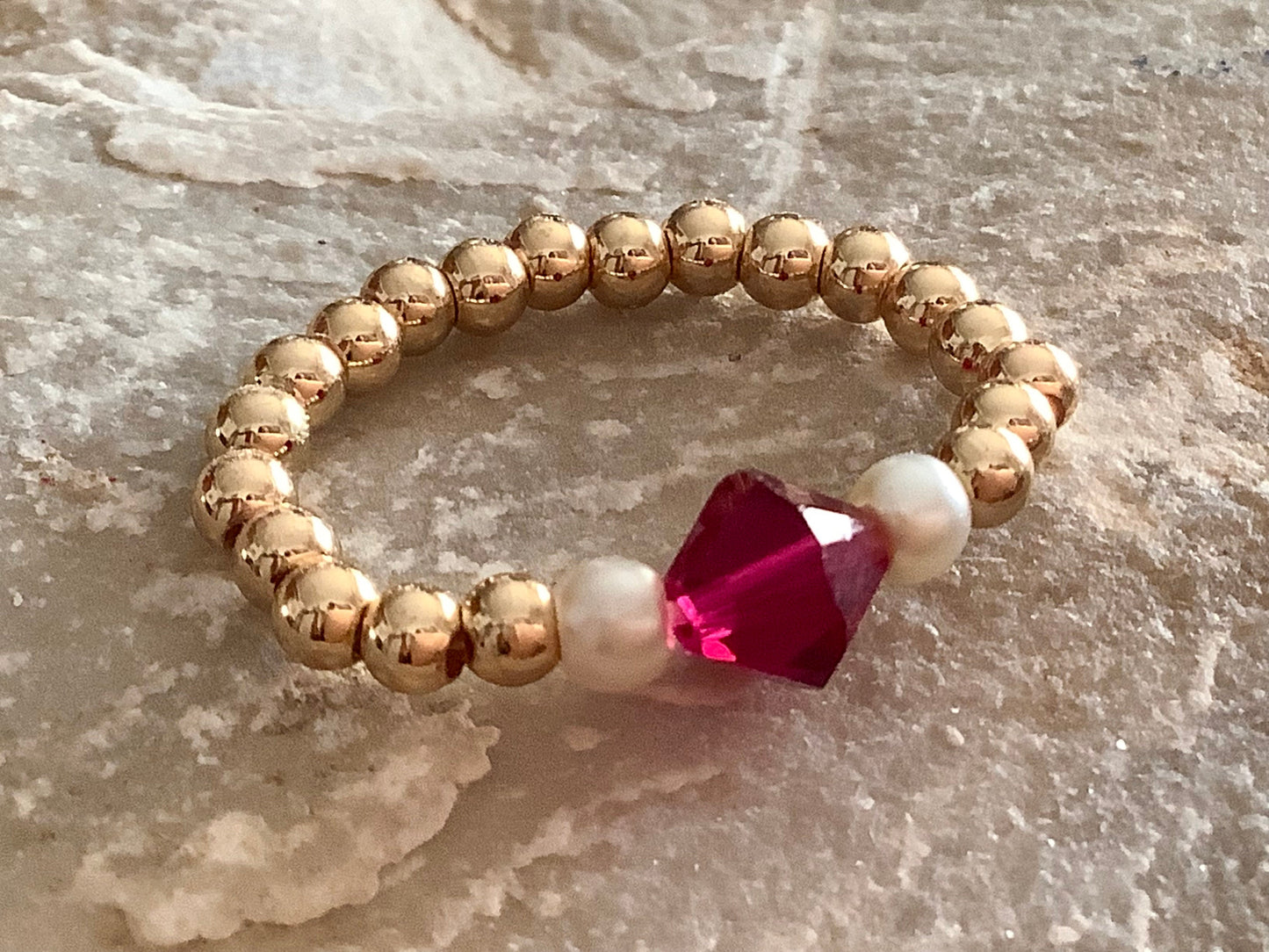 Stretch ring, gold filled beaded ring, Ruby, Emerald or Sapphire with tiny glass seed pearls, stackable ring, gift for her, dainty