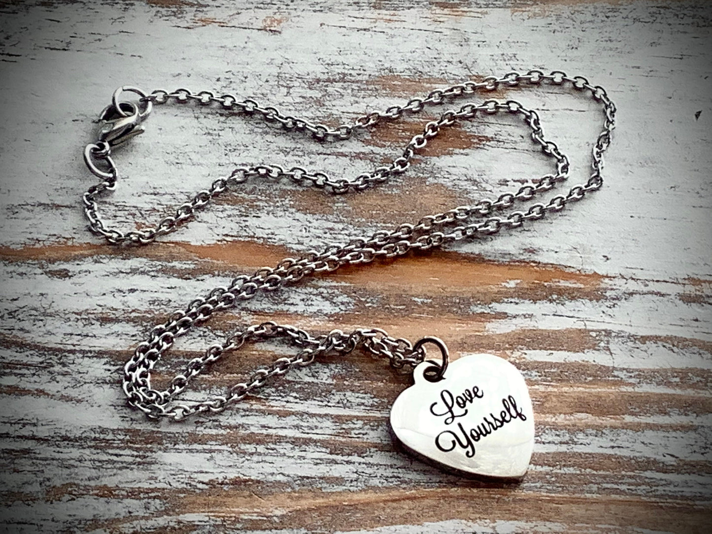 Love Yourself Necklace, 18” Stainless Steel Engraved Heart Pendant Chain, Silver Heart Pendant Necklace, Self Love, Graduation Gift Necklace