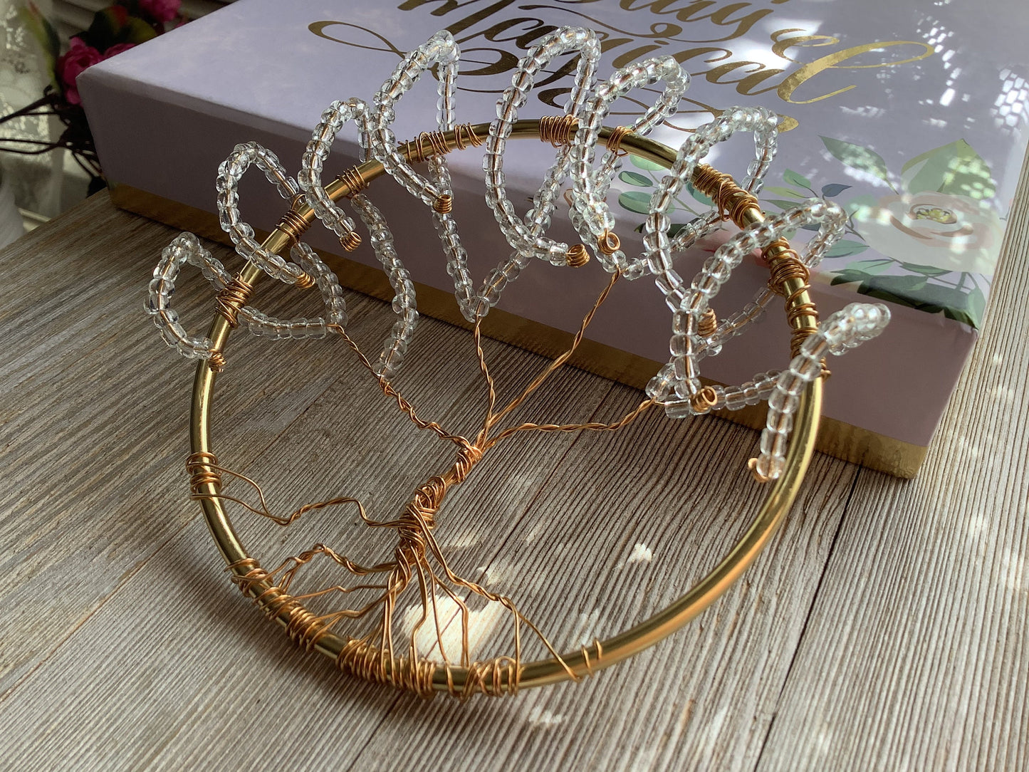 Tree of Life - Wall hanging or window ornament - weeping willow art - tree of dreams - Dream tree wall decor - clear glass beads and brass