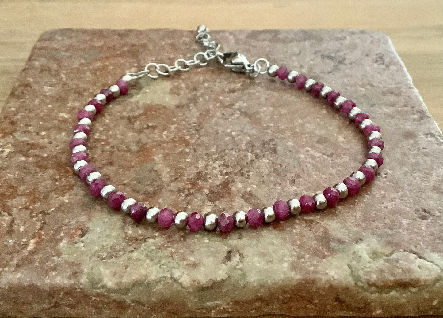 Natural Ruby Beaded Bracelet, Stainless Steel adjustable genuine Ruby precious gemstone bracelet, minimalist fuchsia ruby bracelet,rare gems