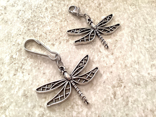 Dragonfly zipper pull, zipper pull charm, lobster claw or J hook, Spring hook for lanyards and Keychains, Silver dragonfly, springtime charm