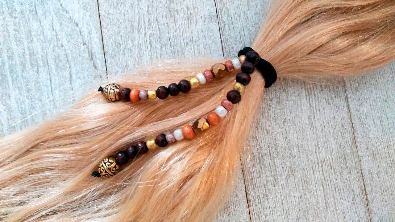 Beaded Hair Ties-Beaded Elastics For Hair-Pony Tail Jewelry-Hair Jewelry-Braids-Fancy Hair-Boho Dangles-Handmade-Girls-Women-Bands-Beads-Fun