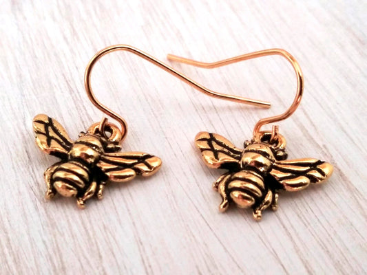 Honey Bee Earrings 22kt Gold Plated Charms with Gold Plated Steel Earwires Symbol of Loyalty and Courage Earrings Unique Insect Earrings