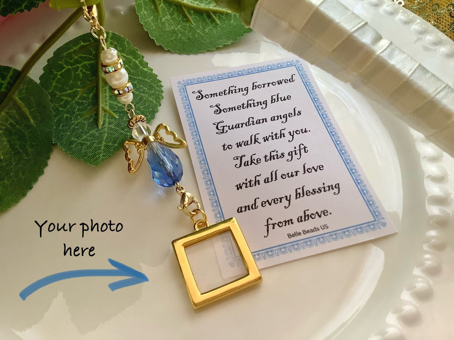 Wedding Bouquet Photo Charm, Something Blue Daughter Gift, Angel w/Card Wedding Dress Angel, Guardian Angel Bridal Shower Gift, Bride Gift