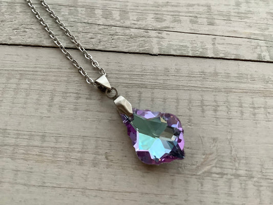 Crystal pendant necklace with stainless steel chain, mystical colors, purple pink teal