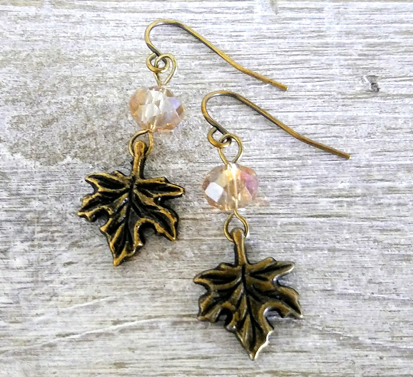 Maple Leaf Earrings, Fall Earrings, Autumn Jewelry, Leaf Earrings, Holiday earrings, Vintage Style Brass with Champagne Crystal Glass Beads