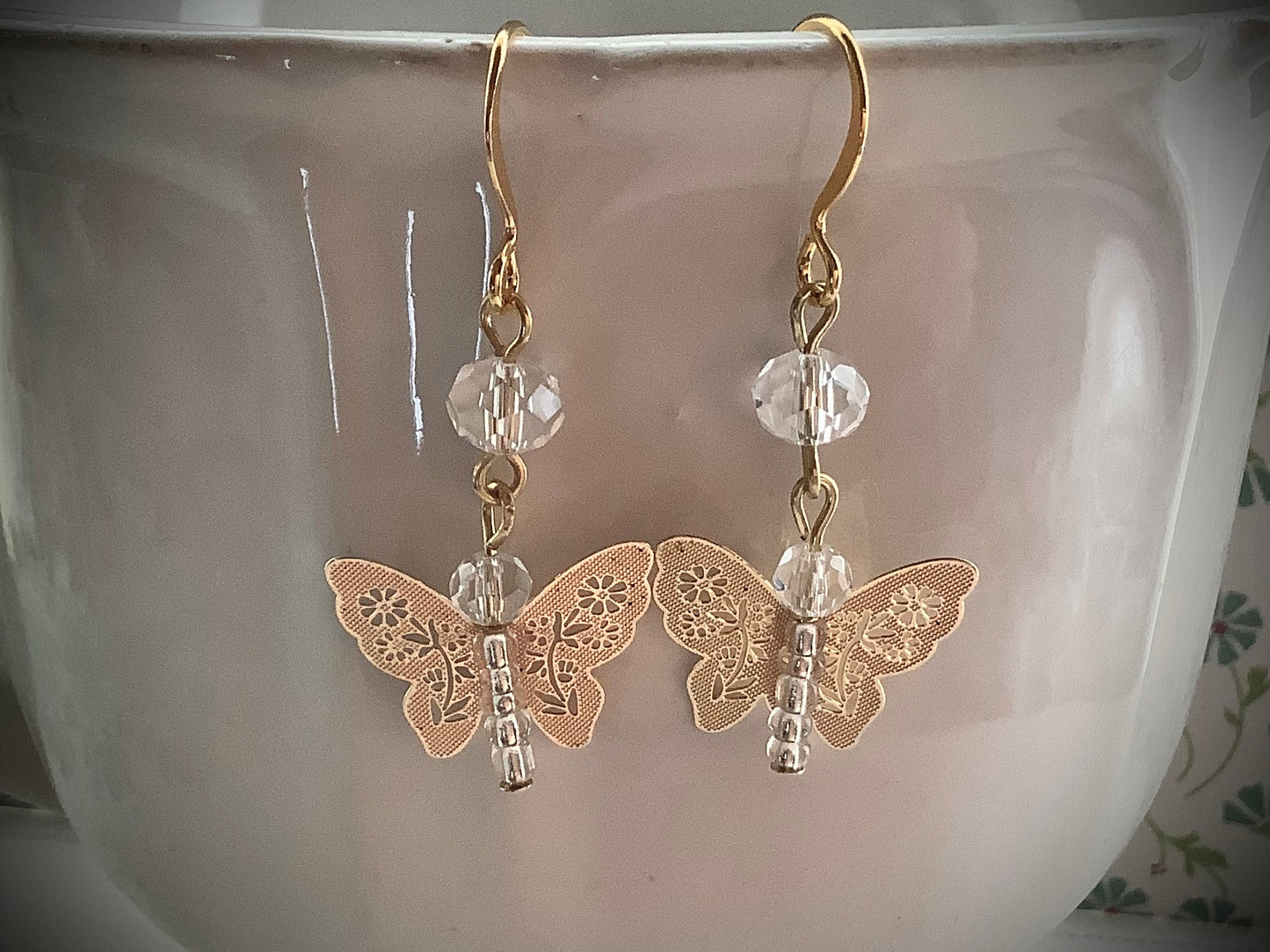 Delicate and dainty butterfly earrings, filigree lace look soft gold-tone butterflies, spring accessories, lightweight hypoallergenic