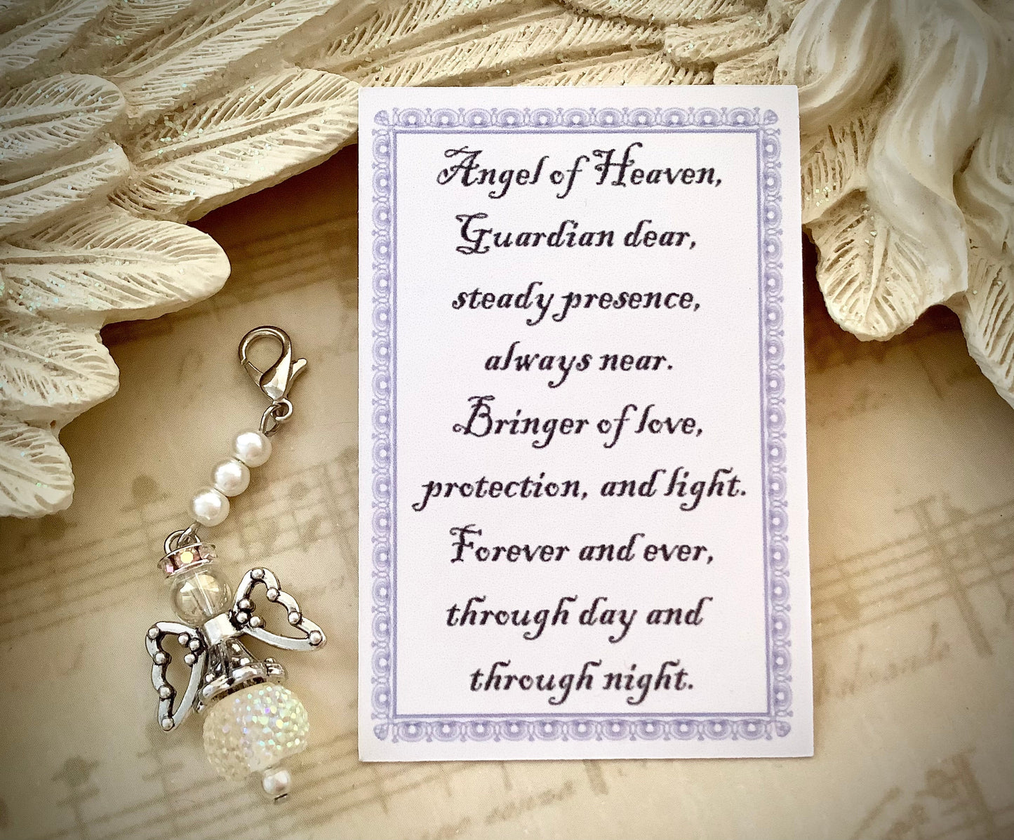 Sparkling Glass Guardian Angel Charm Dangle w/Card Tiny Clip on Clasp Charm, For Planners, Purses, Mom, Grandma, Sweet 16, Wedding Bridal