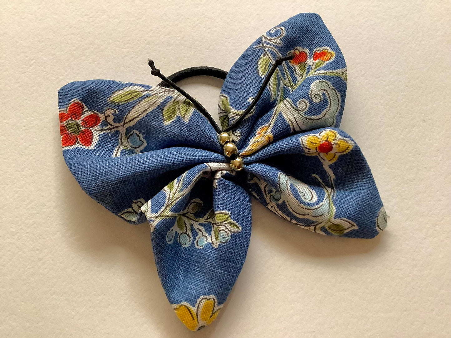 Butterfly pony tail holder, fabric butterfly for hair, girls hair accessories, hair ties for women, blue hair bow, floral hair accessories