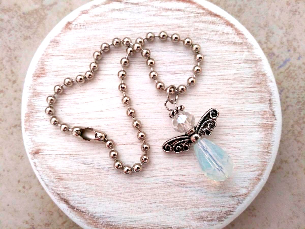 Guardian Angel Rearview Mirror Car Charm, Purse Charm, Ornament, In Memory, Remembrance of a Loved One, New Driver, Czech White Opal Crystal