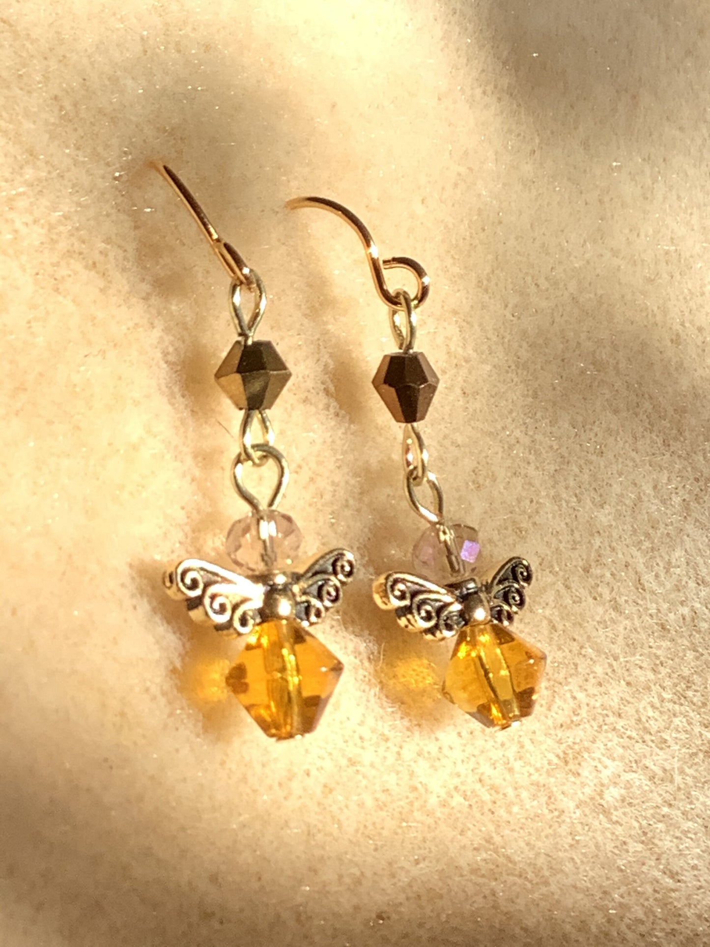 Angel Earrings, November Earrings, Topaz Colored Crystals, Birthstone Dangle Earrings, Honey Bee Earrings, Gold Bee Angel Earrings, Autumn