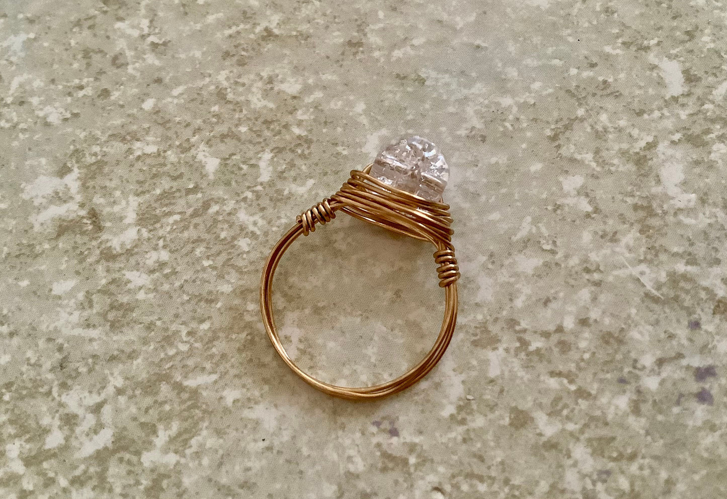 Crystal Ring - Dainty Crackle Glass Crystal Wire Wrapped Ring Gold Tarnish Resistant Brass Wire - Delicate Crystal Ring