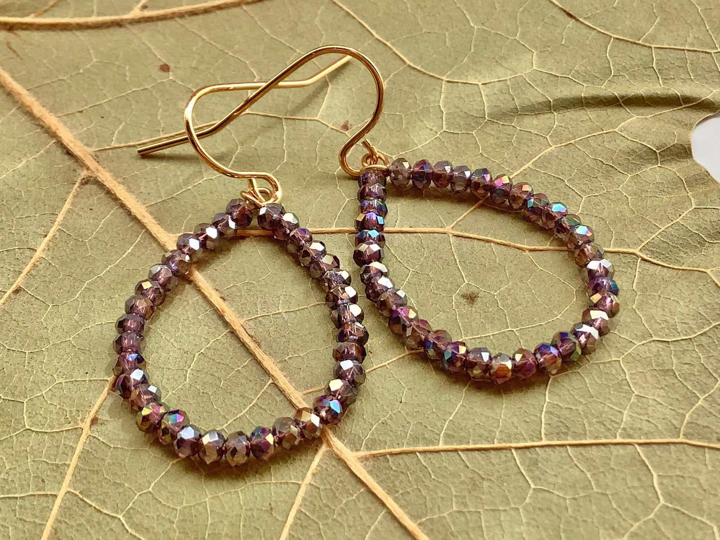 Crystal hoop earrings | teardrop hoops | micro crystals | tiny crystals hoop earrings | Fall accessories | mystic purple | Beaded hoops