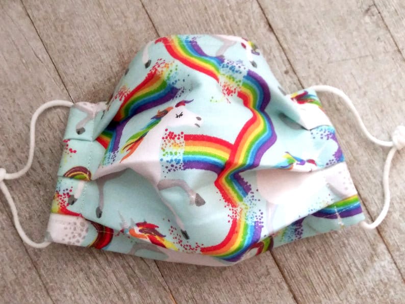 Unicorns with Rainbows facemask, Child's cotton face mask, kids facemask, kids unicorn mask, reusable child's mask, mask for girls, washable