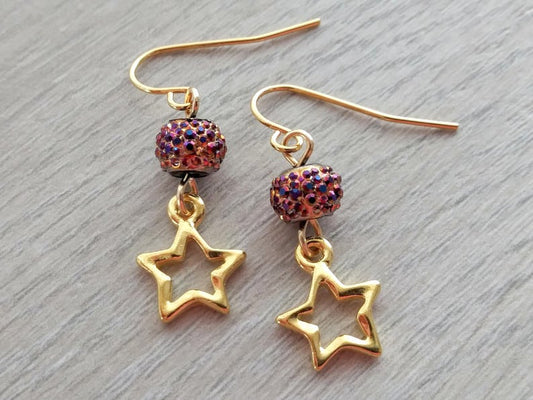 Star Earrings / Gold Plated Steel Hooks / Pave Look Beads