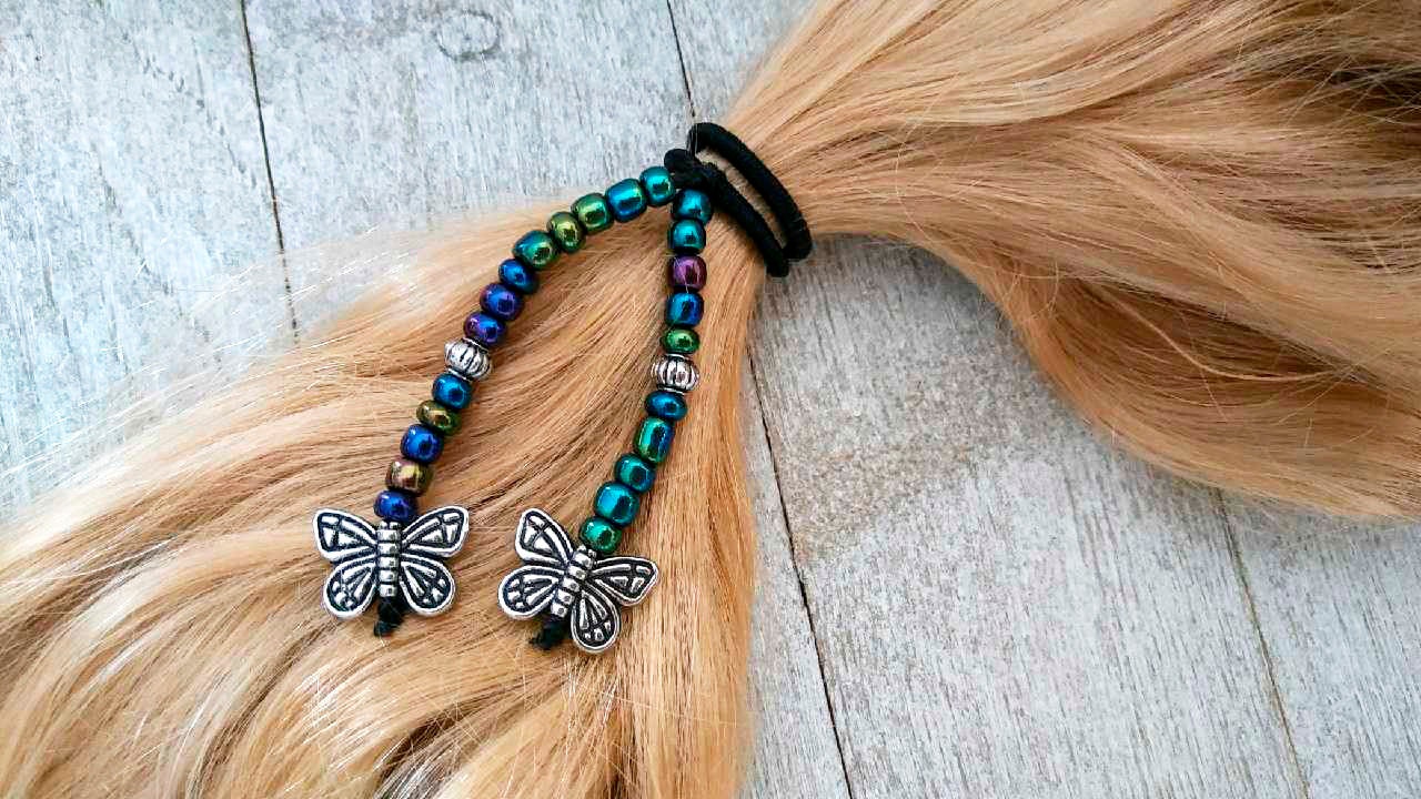 Hand beaded Hair Ties Elastic Bands For Hair-Pony Tail Jewelry-Hair Jewelry-Braids-Fancy Hair-Boho Dangles-Handmade-Girls-Women-Bohemian