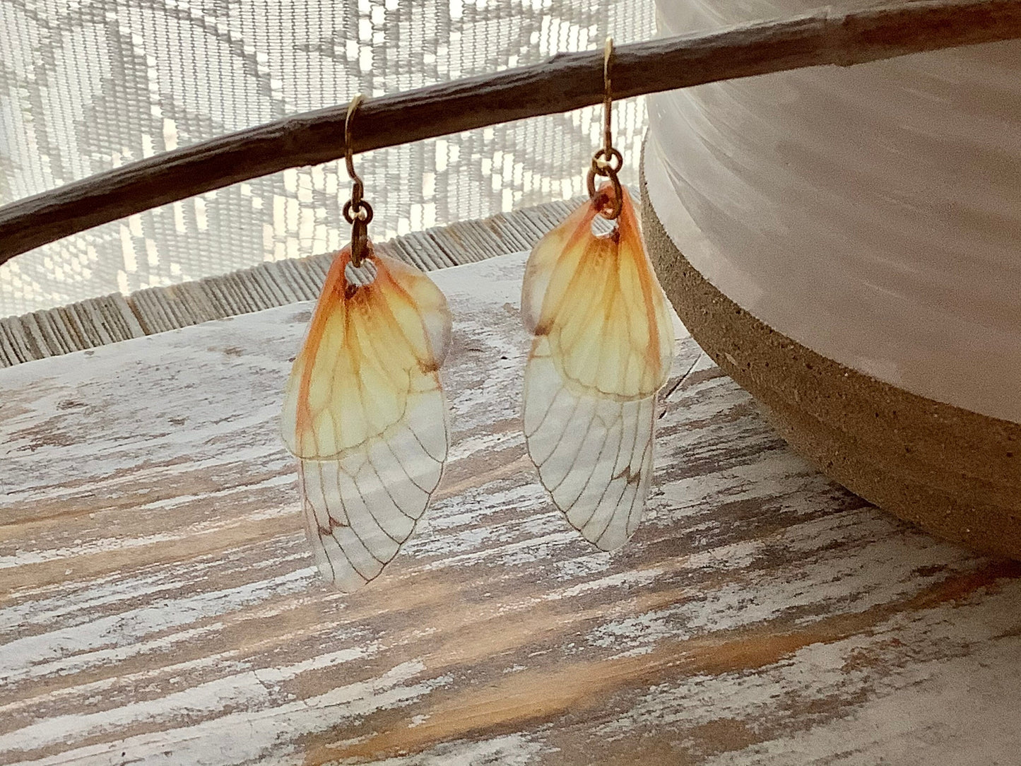 Grown up fairy wing earrings, for the serious fairy, Cicada wing earrings, gold plated steel hooks, semi transparent realistic wing earrings