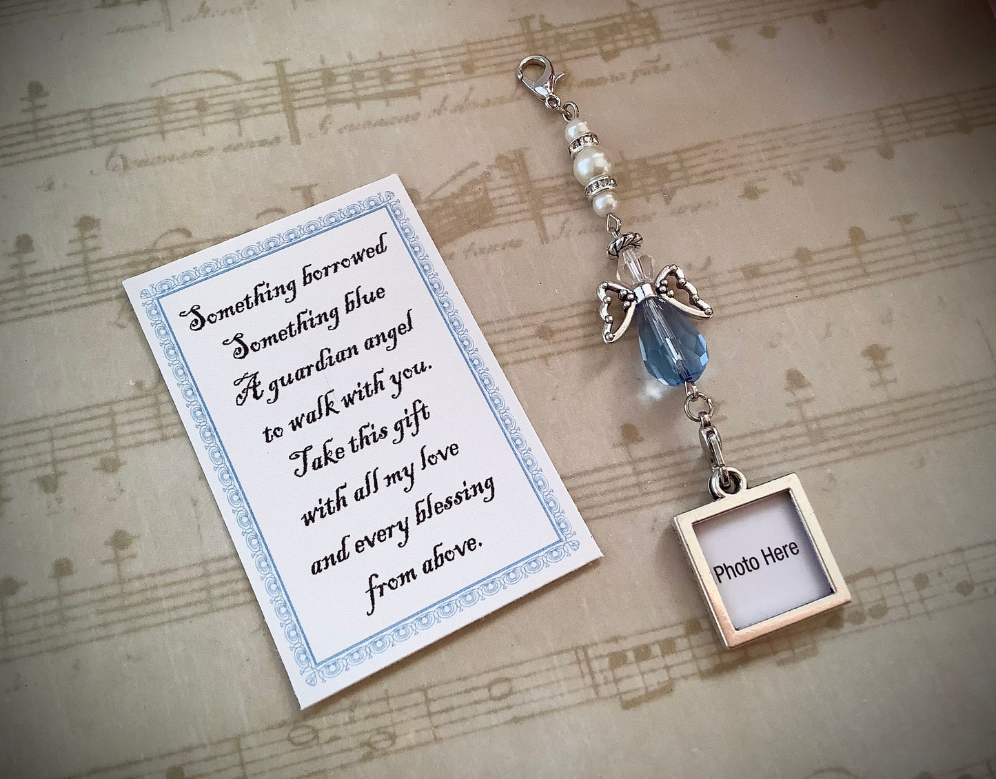 Wedding Bouquet Photo Charm, Something Blue Wedding Bouquet Angel w/Card Wedding Dress Angel, Guardian Angel Bridal Shower Gift, Bride Gift