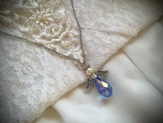 Angel for the bride necklace, blue bridal necklace, blue crystal necklace, blue pendant, crystal necklace, angel charm necklace, glass pearl