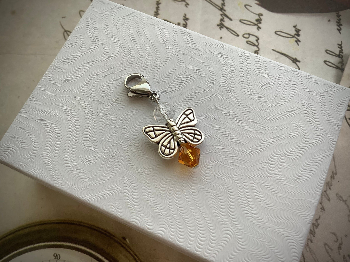 Butterfly charm, Angel Butterfly, November birthday, birthstone charm, Topaz, Amber, Citrine colored bicone crystal, fairy charm for zippers