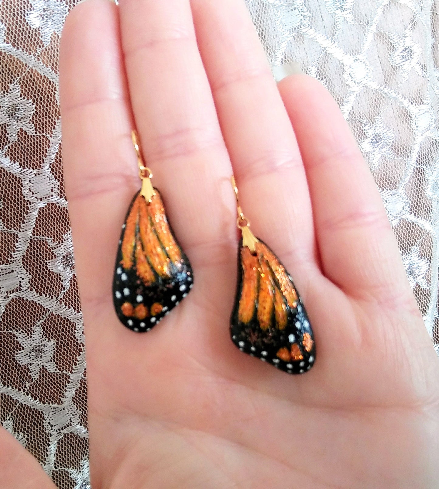 Monarch Earrings Butterfly Wing Earrings Hand Painted Polymer Earrings Butterfly Wing Jewelry Gold Plated Steel Wires Gift Boxed with Card